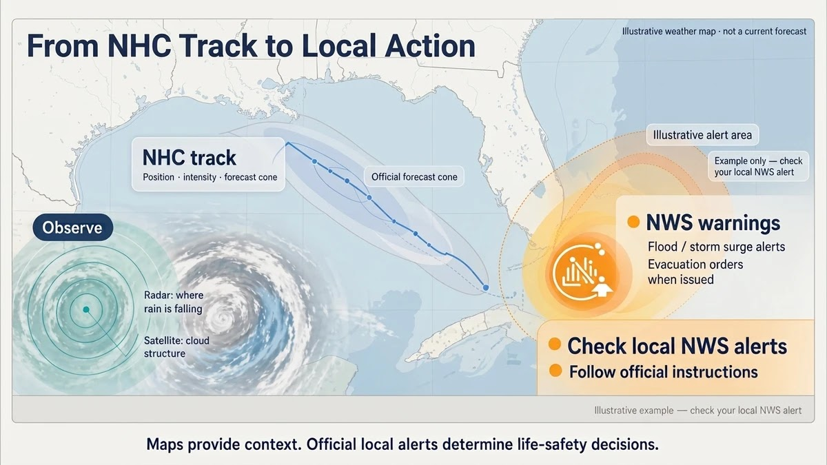 Illustrative hurricane map showing the path from NHC track to radar, local NWS alerts, and household action